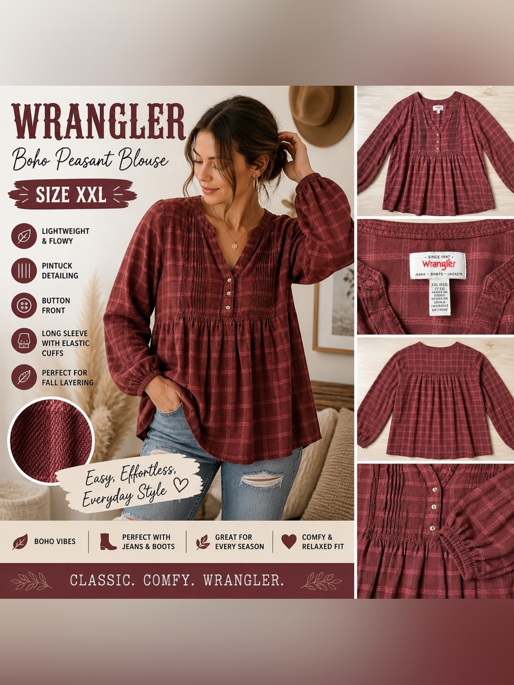 Wrangler Women’s Plaid Peasant Blouse XXL Boho Long Sleeve Rust Red Tunic Top